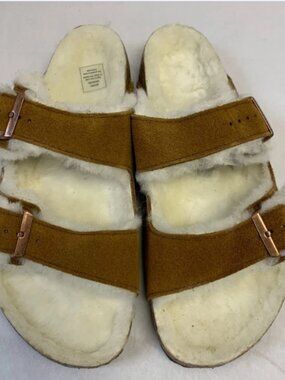Birkenstock Arizona Shearling Mink Suede Leather Narrow Width Sandals